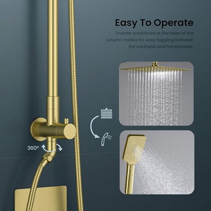 KIBI Cube 2-Function Wall Mounted Rain Shower Column | Bathroom Shower Faucet System with Solid Brass Rough-In Valve, 10" Rain Shower Head | Easy Temperature Control (Brushed Gold, KSC404) - color: Brushed Gold