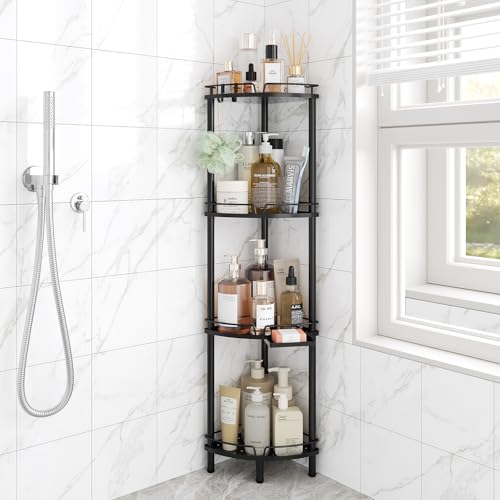 ELYKEN Corner Shower Caddy Standing, 4 Tier Metal Shower Organizer, Black | Stainless Steel Shower Shelves with Soap Holder, Adjustable Feet & 2 Hooks for Storing Bath Essentials in Bathroom corner - color: Black, size: 4 Tier