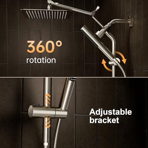 Veken 10" Luxurious Brushed Nickel All Metal Rain Shower Head with Handheld Spray Combo, High Pressure Rainfall Square Shower Heads with Extension Arm, Wide Dual Showerhead, Bathroom Accessories - color: Brushed Nickel
