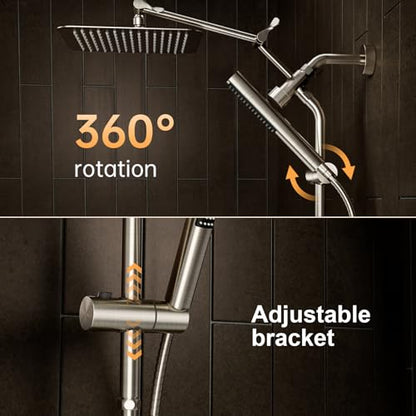 Veken 10" Luxurious Brushed Nickel All Metal Rain Shower Head with Handheld Spray Combo, High Pressure Rainfall Square Shower Heads with Extension Arm, Wide Dual Showerhead, Bathroom Accessories - color: Brushed Nickel