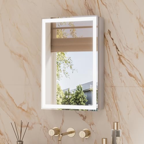 TETOTE 16 x 24 Lighted Bathroom Medicine Cabinet with Adjustable Shelves, Silver Aluminum Cabinet, Anti-Fog Stepless Dimmable 3 Colors White/Warm/Natural, Easy to Install(Wall Mount/Recessed) - color: Silver, size: 24"L x 16"W