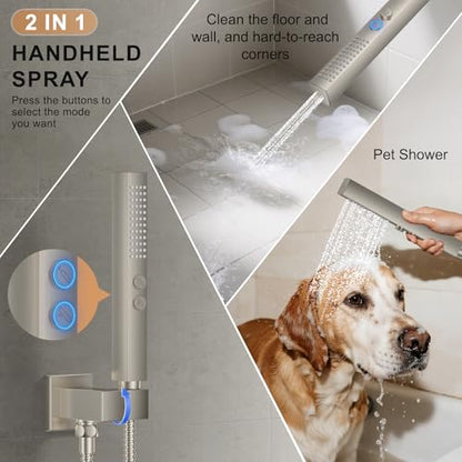 Rain Shower System 12" & 6" Dual Shower Heads, Wall Mount Shower Faucet Set | Ideal for bathroom remodels and upgrades with 12" rain shower, 6" angled shower, handheld spray and complete valve kit. - color: Brushed Nickel, size: Wall Mounted - 12"+6" Show