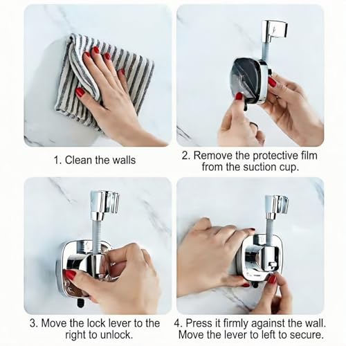 360° Swivel Shower Head Holder with Strong Suction Cup, Adjustable No Drill | Tool-free install in seconds, bathroom wall mount handheld shower bracket, removable, waterproof, 10kg built-in storage hook - color: Gray