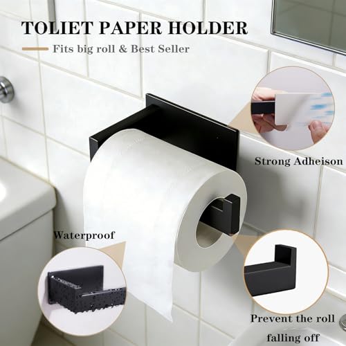 5 Pieces Self Adhesive Bathroom Hardware Set-SUS304 Stainless Steel-Towel Rack Set Include 24″Towel Bar+Toilet Paper Holder+3 Towel/Robe Hooks Bathroom Accessory Towel Bar Set (Black, 24 in) - size: 24 IN