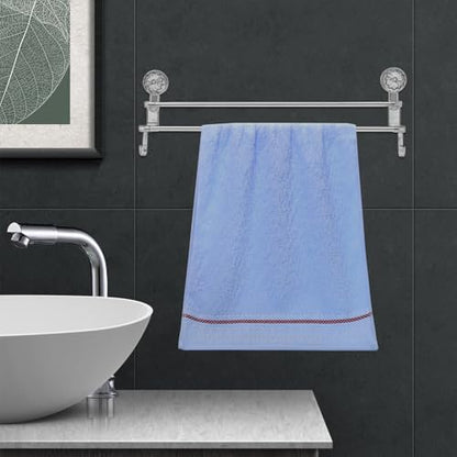 SEWACC Wall-Mount Double Rod Towel Rack with Suction Cups 58.8cm Gray Bathroom Towel Organizer and Holder with Hooks for Wet and Dry No Drilling Installation