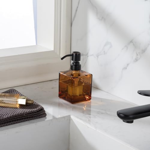 Square Bathroom Soap Dispenser Amber Bottle with Oil Rubbed Bronze Pump, Retangle Cube 8.4 oz Glass Bottles with Stainless Steel Pump Hand Liquid Soap Dispenser Kitchen - color: Amber and Oil Rubbed Bronze
