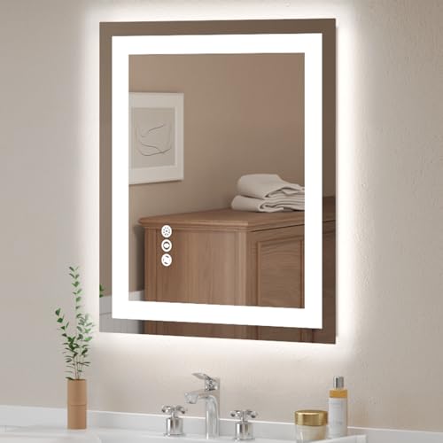 USHOWER LED Bathroom Mirror 24x36 Inch Tempered Glass - Frameless LED Backlit Lighted Mirror for Bathroom Vanity with Anti-Fog, 3 Colors Dimmable, Memory Function, Wall-Mounted | Tempered Glass - Frameless Backlit Lighted Mirror for Bathroom Vanity with A
