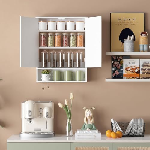 Bathroom Wall Cabinet, Over Toilet Storage Medicine Cabinet with 2 Doors and Adjustable Shelf, Small Above Toilet Bathroom Cabinet with Open Shelf (White, 4)
