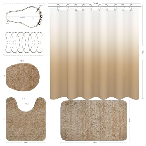Shower Curtain Sets with Rugs and Adjustable Toilet Seat Cover | 4 Pcs Beige Bathroom Sets with Shower Curtain and Rugs and Microfiber Toilet Lid Cover - color: Beige