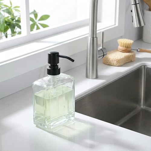 Square Clear Glass Dish Soap Dispenser, Antique Refillable Hand Soap Dispenser with Rust Proof Black Stainless Steel Pump, 13.5 oz Lotion Dispenser for Bathroom Vanity, Kitchen Countertop - color: Black, size: 13.5oz-Square