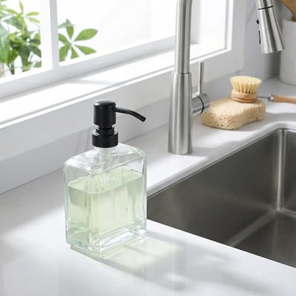 Square Clear Glass Dish Soap Dispenser, Antique Refillable Hand Soap Dispenser with Rust Proof Black Stainless Steel Pump, 13.5 oz Lotion Dispenser for Bathroom Vanity, Kitchen Countertop - color: Black, size: 13.5oz-Square