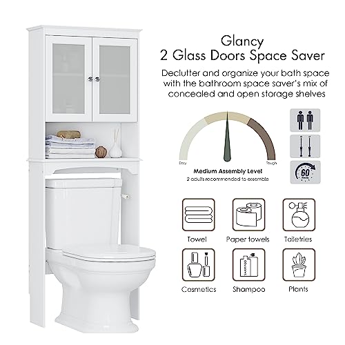Spirich Over the Toilet Storage Cabinet with Tempered Glass Doors, White | Adjustable Shelf, Frosted Tempered Glass, Anti-Tip Fitting, 33-Inch Clearance for Standard Toilets, Bathroom Space Saver