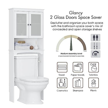 Spirich Over the Toilet Storage Cabinet with Tempered Glass Doors, White | Adjustable Shelf, Frosted Tempered Glass, Anti-Tip Fitting, 33-Inch Clearance for Standard Toilets, Bathroom Space Saver