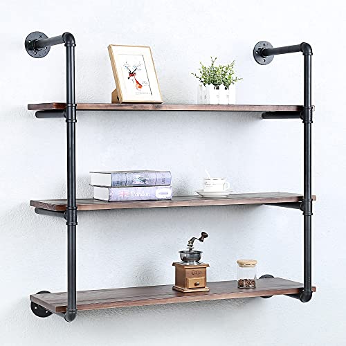Industrial Pipe Shelves With Wood Planks,Rustic Pipe Shelving Wall Shelf | Metal Pipe Solid Pine Wood,Easy to Assemble,Wooden Board Thickness 0.78 In,For Bar Farmhouse Kitchen Office Bathroom,Bedroom - color: 3-layer, size: 36in