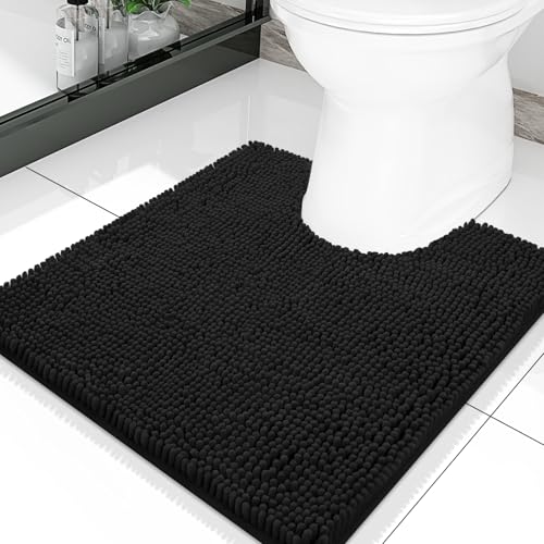 Smiry Luxury Chenille Toilet Rugs U-Shaped 20x20, Soft Absorbent Non-Slip Contour Bathroom Rugs for Toilet, Machine Washable Contoured Bath Mats, Black - color: Black, size: 20" X 20" Contour Rug