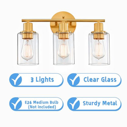 WISBEAM 3-Light Bathroom Vanity Light Over Mirror, Gold Bathroom Wall Sconce with Clear Glass Shade Including E26 Medium Base, Bulb NOT Included - color: Gold, size: VNT004