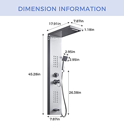DELAVIN Stainless Steel Shower Panel Tower System, Wall-Mount Shower Panel | Rainfall Waterfall Shower Head, Massage Jets, Tub Spout, Handheld Shower, for Renovation, New Builds, Rentals & Contractors - color: Brushed Nickel-A