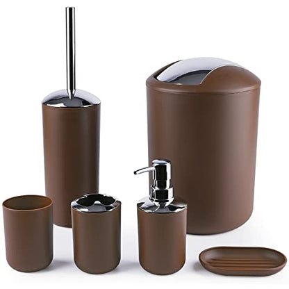 Compact 6-Piece Plastic Bathroom Accessories Set with Small Trash Can, Soap Dispenser, Toothbrush Holder, Cup, Soap Dish, Toilet Brush for Guest Bathroom Dorm Apartment (Coffee) - color: Coffee