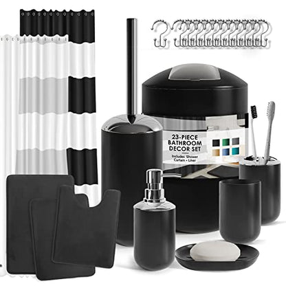 Clara Clark Bathroom Set - Black Bathroom Accessories Set, Bathroom Sets with Shower Curtain and Rugs, 23PC Shower Curtain Set with Liner, Soap Dispenser, Toilet Brush, & Trash Can - color: Black, size: Complete Set + Bath Rugs