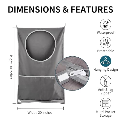 Hanging Laundry Bag, Over the Door Laundry Hamper with Door Hooks & Adhesive Hooks, Large Capacity Laundry Organizer with Bottom Zipper & 2 External Pockets for Bathroom, Dorm, RV, Small Space
