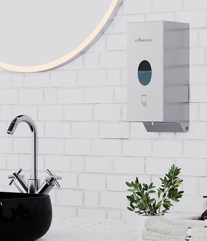 Commercial Automatic Wall-Mount Soap Dispenser, Stainless Steel | Touchless 800 mL dispenser with stainless steel exterior, oval window and keyed lock; requires 6 AA batteries, not included. - color: 2001 Silver