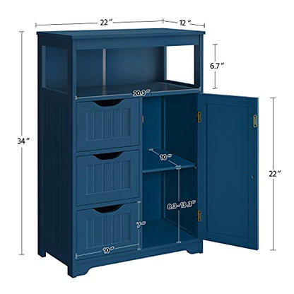 Topeakmart Free Standing Wood Bathroom Floor Cabinet, Navy Blue | Storage Cabinet with 3 Drawers and Cupboard, for Hallway/Entryway/Living Room Accent Furniture - color: Navy Blue