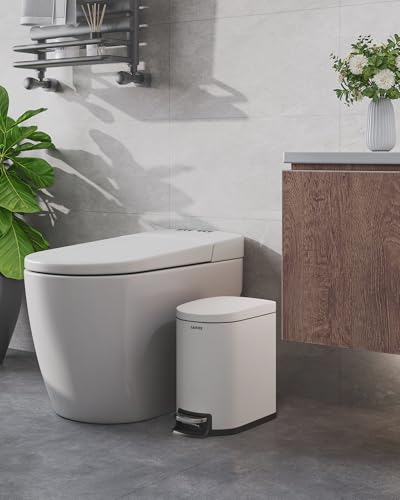 Garvee 1.6 gal / 6 L Metal Bathroom Trash Can with Lid, Slim Waterproof Garbage Can for Bedroom, Small Step-on Trash Bin with Inner Bucket, Rear Handle, Soft Close Lid, White - color: White, size: 1.6 Gallons
