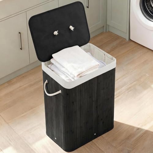 GarveeHome Folding Bamboo Laundry Hamper with Lid, 27.5 Gallon Wooden Laundry Basket with Washable Liner Bag, Slim Clothes Storage Hamper for Small Bedrooms Apartments Dorms (Black - Rectangle) - color: Black - Rectangle