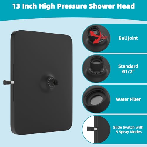 Hibbent cUPC Certified 5 Spray Modes Shower Head, 13'' High Pressure Large Rainfall Shower Head, High Flow Waterfall Bathroom Fixed Showerheads, Adjustable Swivel Ball Joint, Matte Black - color: Matte Black, style: Square 13''