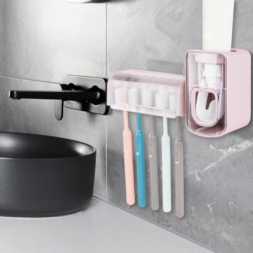 5 Slots Wall Mount Toothbrush Holder with Cover, Self Adhesive Toothbrush Storage Organizer for Shower, Toothbrush Hanger with Automatic Toothpaste Squeezer Dispenser (Pink) - color: Pink Combination