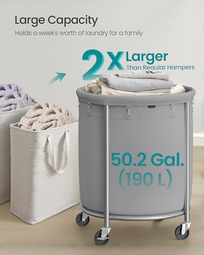 SONGMICS Laundry Basket, Rolling Steel Frame with 2 Locking Wheels, 190 L | Heavy-Duty Laundry Hamper Cart with Removable Bag, Gray and Metallic Silver, URLS001G01 - color: Gray + Metallic Silver, size: 190 L (1-Section)