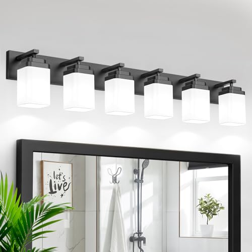 Black Bathroom Light Fixtures, 6 Lights Bathroom Lighting Fixtures Over Mirror, Square Design & Rectangle Large Backplate, Modern Vanity Lighting Fixtures, for Bathroom/Living Room/Bedroom - color: Black, size: 46-inch, 6-Light
