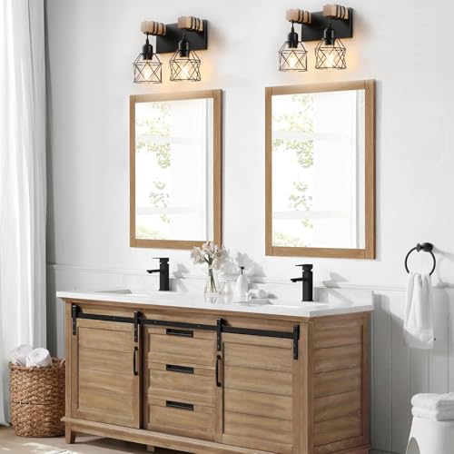 Farmhouse Vanity Light Fixture,2-Light Bathroom Lighting,Black Industrial Wood Wall Light Over Mirror with Metal Shade - color: Black, size: 2-Light-Wide 12"