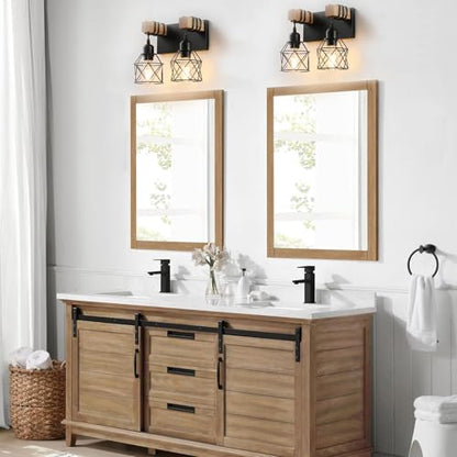 Farmhouse Vanity Light Fixture,2-Light Bathroom Lighting,Black Industrial Wood Wall Light Over Mirror with Metal Shade - color: Black, size: 2-Light-Wide 12"
