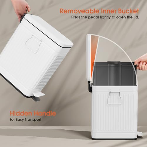 Small Bathroom Trash Can with Lid Soft Close, 6L / 1.6 Gallon Stainless Steel Small Garbage Can with Step Pedal, Slim Waste Basket for Bedroom, Toilet, Office - White - color: White, size: 1.3 Gallon