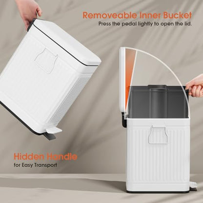 Small Bathroom Trash Can with Lid Soft Close, 6L / 1.6 Gallon Stainless Steel Small Garbage Can with Step Pedal, Slim Waste Basket for Bedroom, Toilet, Office - White - color: White, size: 1.3 Gallon
