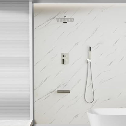 Brushed Nickel Rainfall Shower Faucet Set with Tub Spout 10 Inch | Shower Head and Handle with 2 Hooks, Rain Shower and Handheld Shower System Square Wall Mount for Bathroom - color: Brushed Nickel, style: 10 Inch