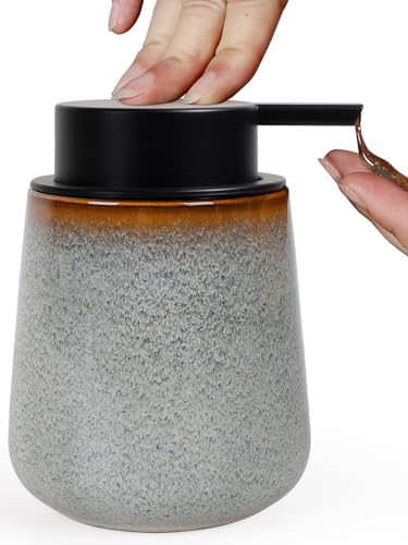 INGOFIN Ceramic Lotion Dispenser - 12 oz Refillable Hand Soap Dispenser Bathroom, Modern Liquid Dispenser with Pump, Dish Soap Dispenser for Kitchen, Kiln-Glazed Grey White - color: Grey and White