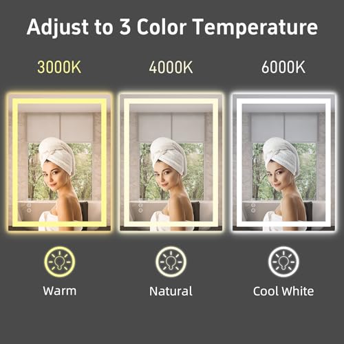 36"x 24" LED Bathroom Mirror with Lights, Anti-Fog, Dimmable, Backlit + Front Lit Smart Mirror, Lighted Bathroom Vanity Mirror for Wall, Shatter-Proof Tempered Glass(Horizontal/Vertical) | Front & Backlit, Memory Function, HD Tempered Glass Vanity Mirror,