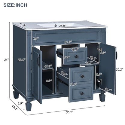 Merax 36" Bathroom Vanity with Sink, 2 Doors & 2 Drawers Storage Cabinet | Freestanding Single Bathroom Sink Vanity Cabinet Set with 36" Ceramic Sink (Sink Cabinet Only, Slate Blue) - color: Blue, style: Sink Cabinet Only