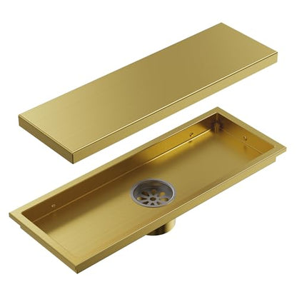 12-Inch Linear Shower Drain, Brushed Gold SUS304 Stainless Steel with 2-in-1 Tile Insert Cover & Flat Grate, High Flow Floor Drainer with Hair Strainer, Adjustable Feet - color: Brushed Gold, size: 12