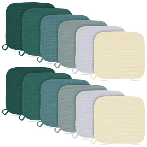 Baby Washcloths -100% Cotton Muslin Soft Baby Bath Wash Cloths and Absorbent Baby Wipes for Newborns Kids Girls and Boys - 12 Pack, 12x12 Inches - Ivory, Slate, Emerald Series - color: Ivory, Slate, Emerald Series, size: 12x12 Inch (Pack of 12)