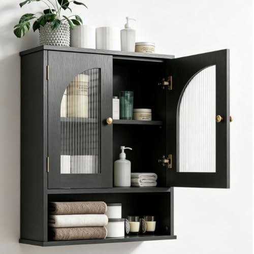 Black Bathroom Cabinet Wall Mounted with Tempered Glass Doors,Wooden Medicine Cabinet with Adjustable Shelf Open Shelf,Over The Toilet Space Saver Storage Cabinet - color: Black With Fluted Glass