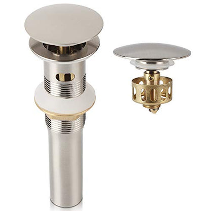 Bathroom Sink Pop Up Drain with Overflow, Strainer, Brushed Nickel | Solid Brass with Detachable Basket Strainer; 7 in. Closed/7.5 in. Open; 1-1/2 in. Min Drain Opening; Push-button Stopper - color: Brushed Nickel, size: Big Popup Cap