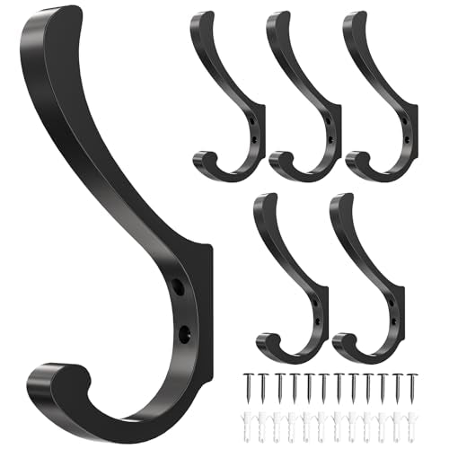 Hanging Coat Hooks Wall Mount - Heavy Duty (30LB), Large Coat Hanger Wall Hangers, Metal Hooks For Towels, Backpacks, Hats, Jackets, Keys, Bags, Robes, Dog Leashes (6 Pack) - color: Black, size: 6 Pack