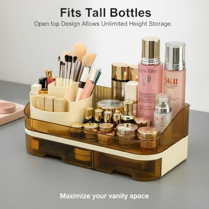 Makeup Organizer Countertop with Dual Drawers | Plastic, Vanity Bathroom Desk, 360° Rotating, Easy Clean, Cosmetic Skincare - color: brown