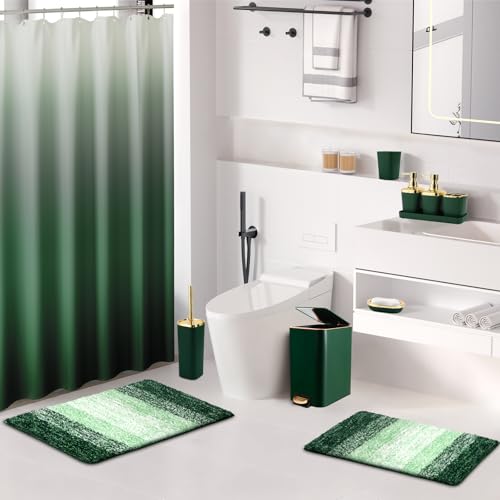 Bathroom Sets with Shower Curtain and Rugs Bathroom Accessories Set Dark Green Bathroom Set,Soap Dispenser & Toilet Brush Holder Set with Stainless Steel Trash Can(23 PCS) - size: Dark Green, style: Bath Set+Ombre Waffle Shower Curtain+Bath Rugs