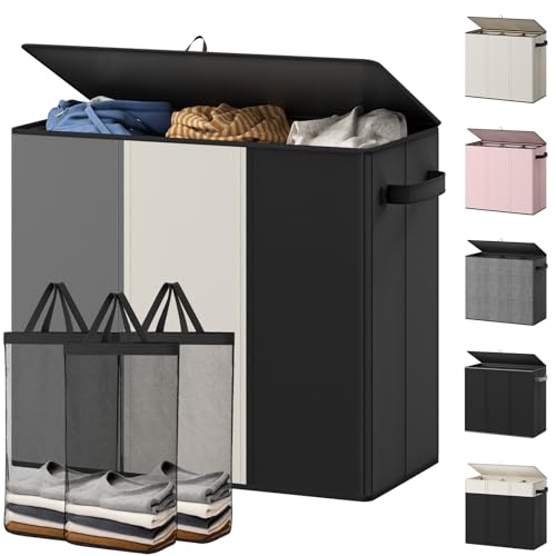 Optish 180L Laundry Hamper 3 Section, Large Laundry Hamper with Lid, Dirty Clothes Hampers with 3 Inner Bags, Laundry Basket Organizer for Laundry, Bedroom, Bathroom, Hamper 3 Compartment - color: Black & White & Grey