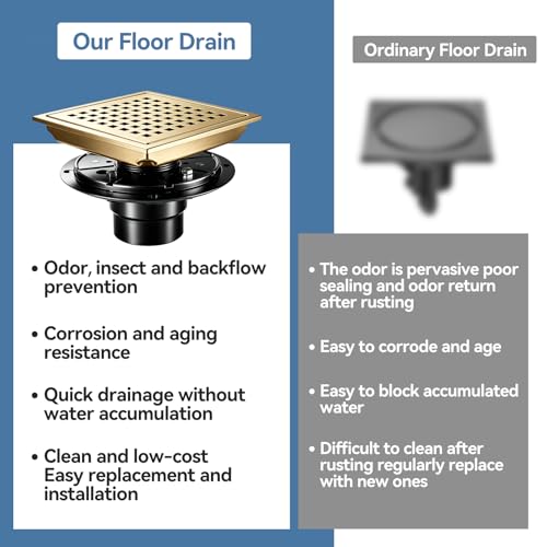 Square Shower Floor Drain, Matte Black Finish, Grid Pattern Strainer Cover (Gold, Grate) - color: Gold