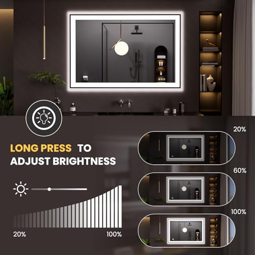 LOAAO 48"X32" LED Bathroom Mirror Black Framed | Anti-Fog, Dimmable, Memory Function, Tempered Glass, Lighted Vanity Mirror for Wall - size: 48"L x 32"W